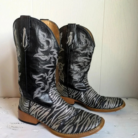 Roper Shoes - Roper Zebra Glitter Cowboy Boots in Black Silver size 6 Western Sparkle Square